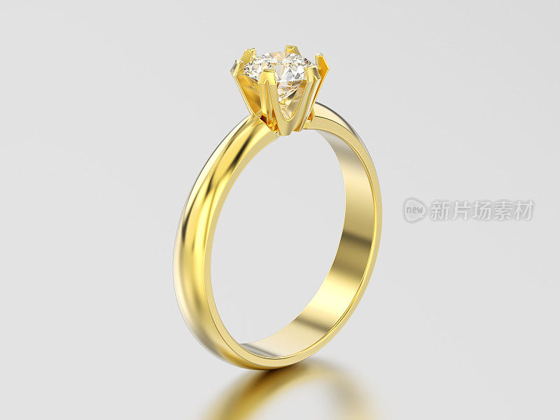 3D插图黄金传统单人订婚钻石戒指
