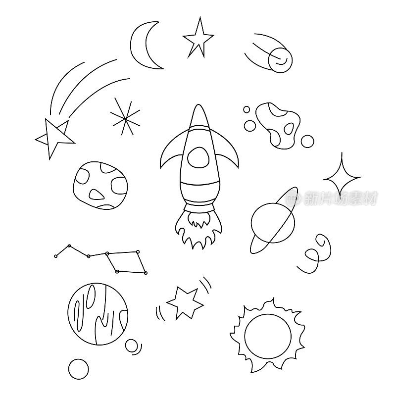 明信片上有宇宙、宇宙、彗星、恒星、行星和火箭的图像，矢量插图