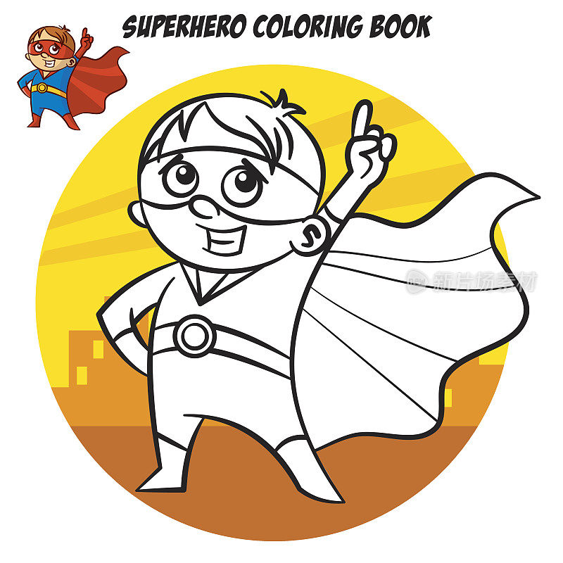 超级英雄色彩的书。漫画人物孤立在白色背景上