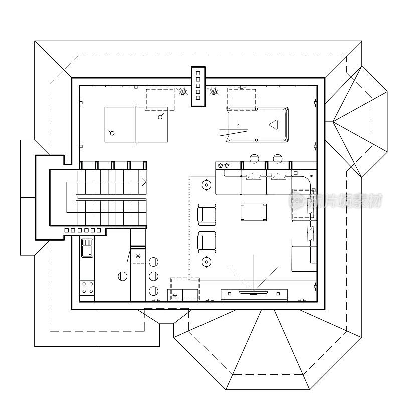 小屋阁楼上的地板。房屋的建筑平面图。公寓的布局和家具的图纸视图。顶视图，有台球桌，客厅和厨房。矢量图标。
