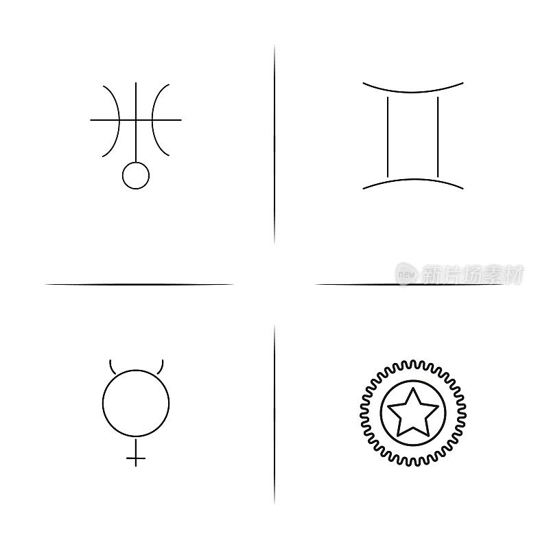 占星术简单线性图标集。简单的轮廓图标