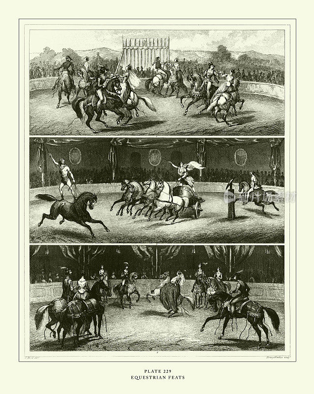 雕刻古董，骑马技艺雕刻古董插图，1851年出版