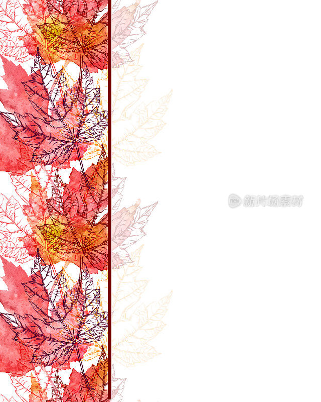 枫叶矢量水彩和墨水无缝模式复制空间