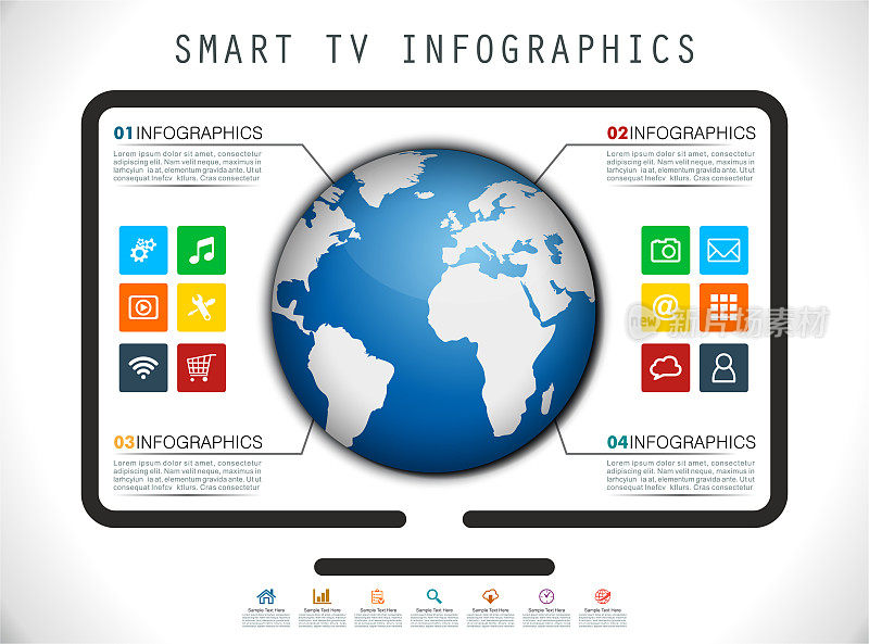 智能电视信息图与图表和世界地球仪