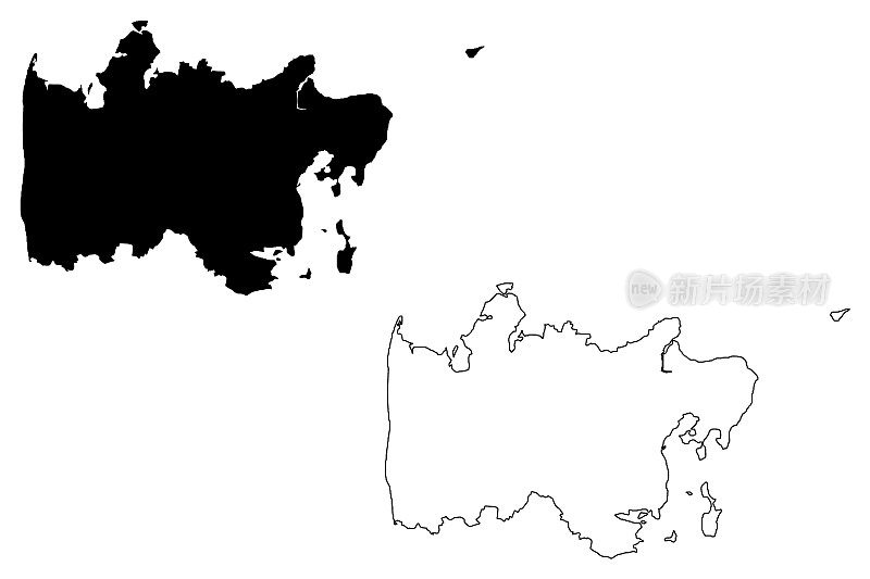 丹麦中部地区(丹麦王国)地图矢量插图，涂鸦草图中日德兰地区(中日德兰)地图