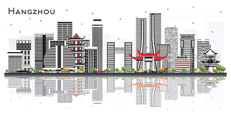 中国杭州的城市天际线与灰色的建筑和反射孤立在白色。