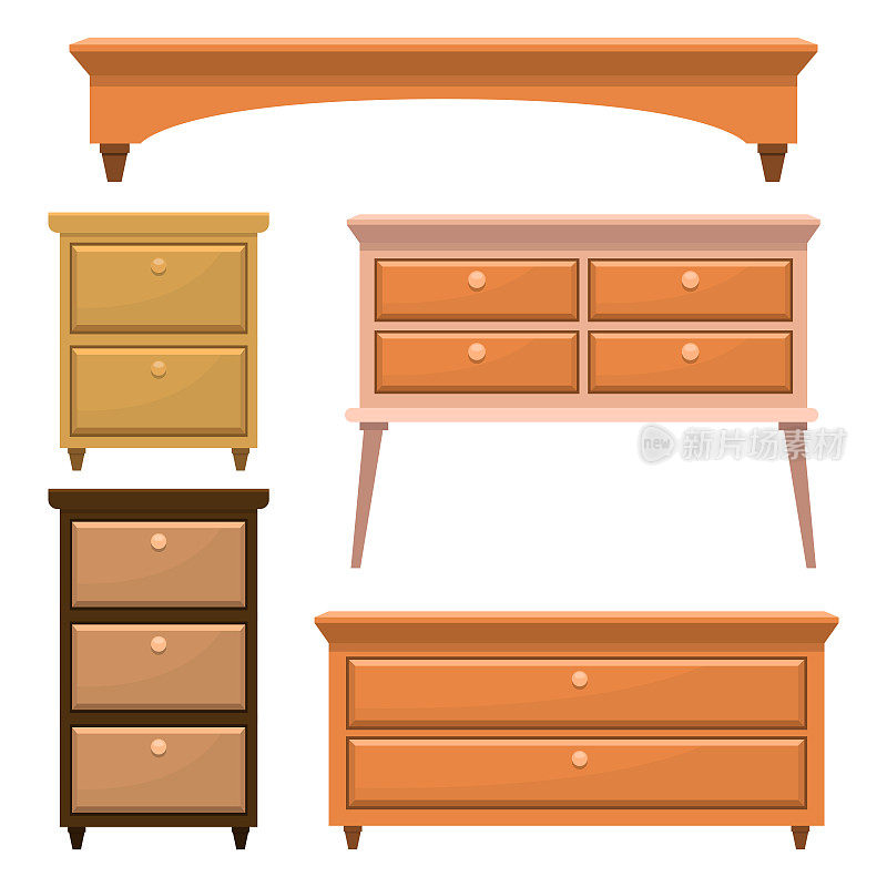 复古木制卧室家具矢量设计插图孤立在白色的背景