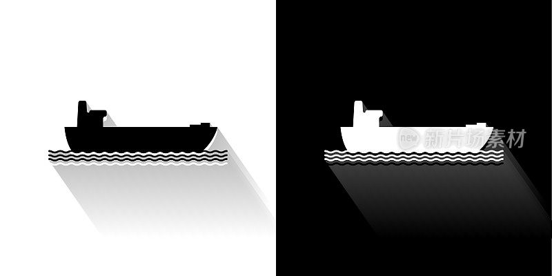 货船黑色和白色图标与长影子