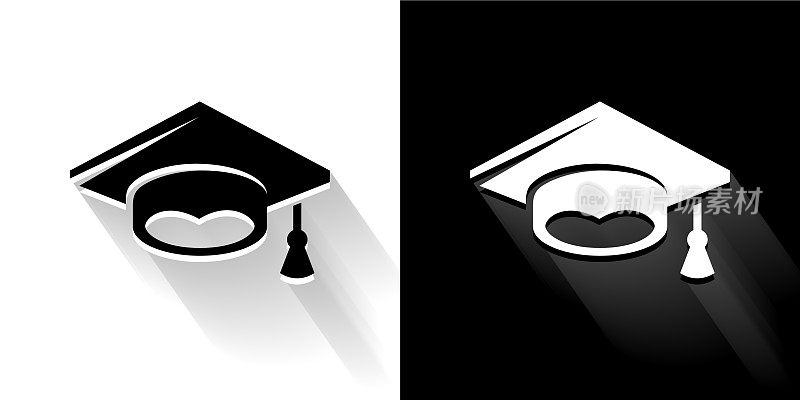 毕业帽黑色和白色图标与长影子