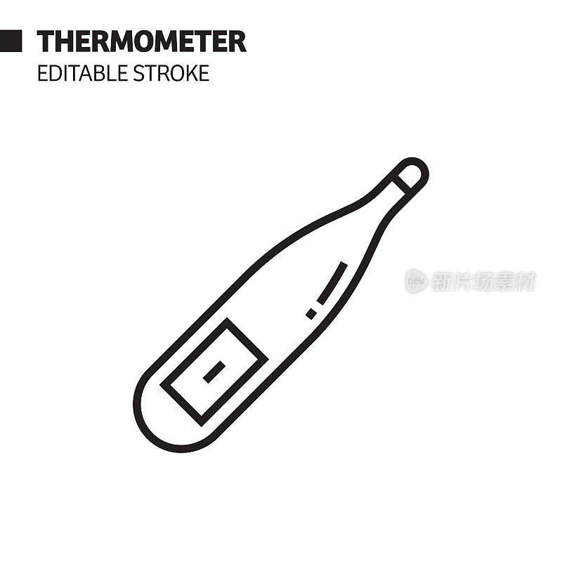 温度计线图标，轮廓向量符号插图。完美像素，可编辑的描边。
