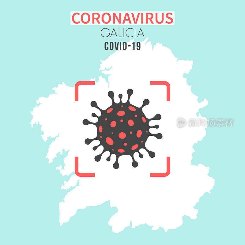 加利西亚地图，红色取景器中有冠状病毒(COVID-19)细胞
