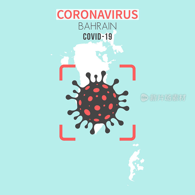 巴林地图，红色取景器中有冠状病毒(COVID-19)细胞