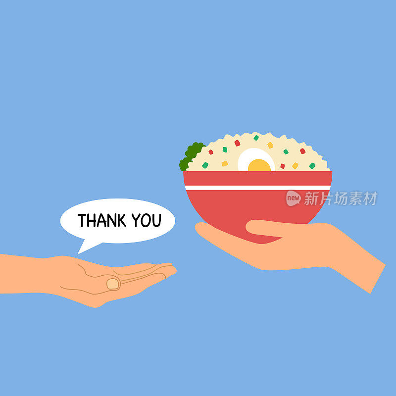 食物捐赠概念矢量插图。女人用手把一碗米饭分给人们。时间为慈善事业。餐共享。