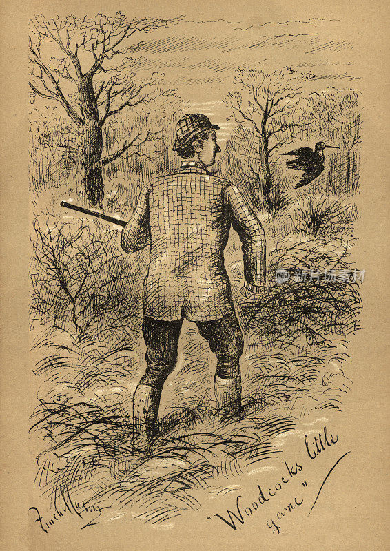 猎人在树林里打猎，猎山鹬，维多利亚时代