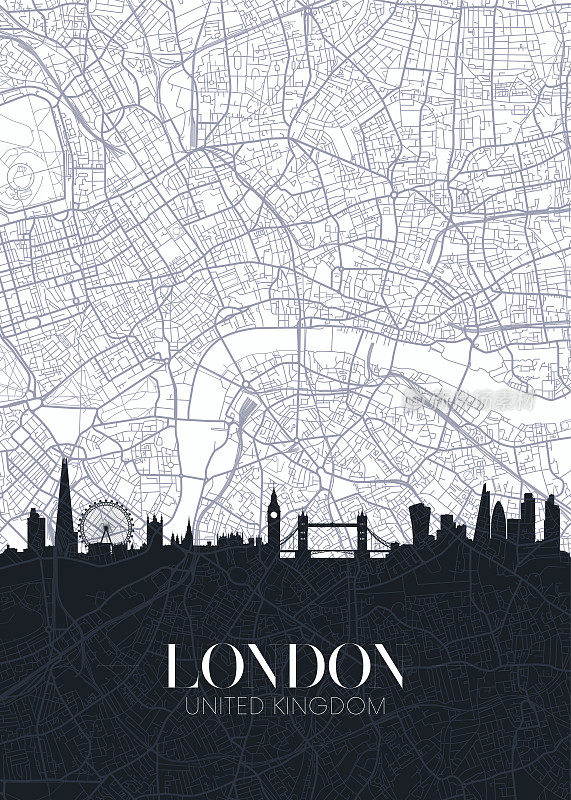 伦敦的天际线和城市地图，详细的城市规划矢量打印海报