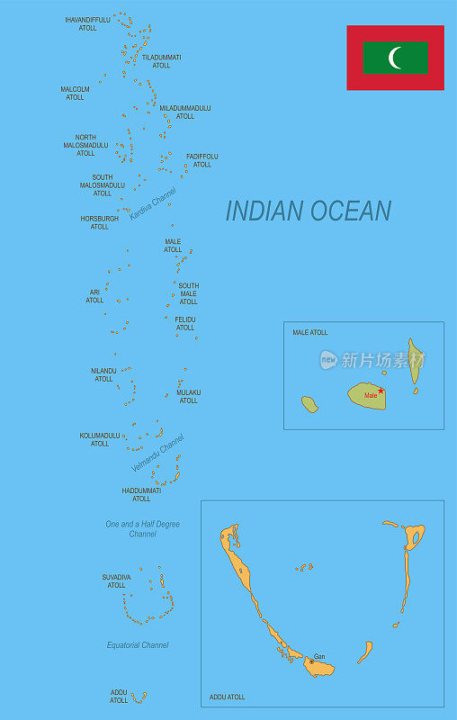 带有旗帜的马尔代夫平面地图