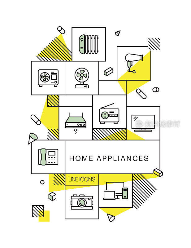 家用电器相关的现代线条风格矢量插图