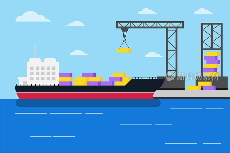 货船在海港卸货。载着集装箱的油船到达码头。国际物流和装运说明。海运发货。