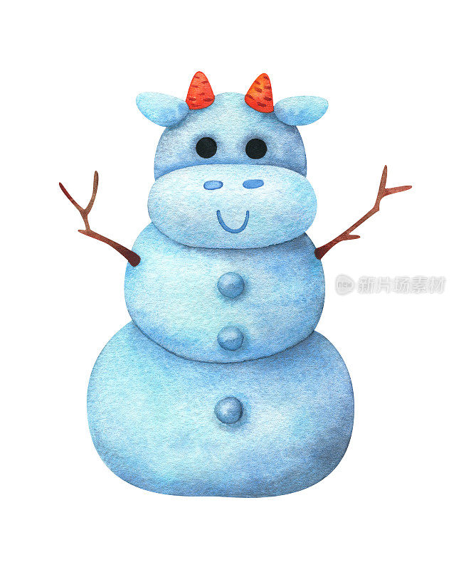 白色公牛形状的可爱雪人。2021年新年的象征。孩子们的水彩插图。库存图像孤立的白色背景。雪中的圣诞人物