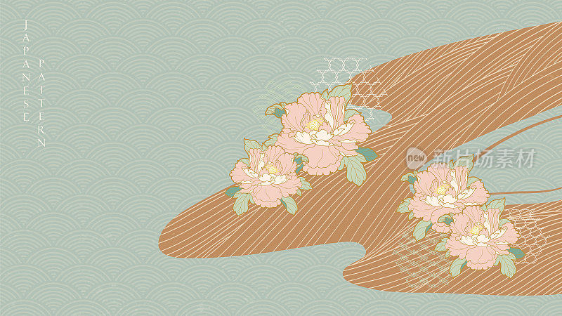 日本背景以牡丹为花矢装饰。复古风格中带有波浪元素的手绘线条图案。