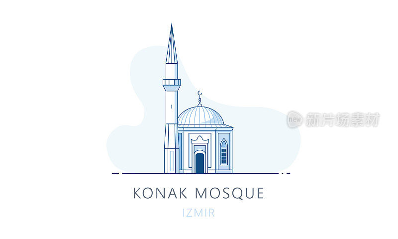 大官邸清真寺,伊兹密尔。伊兹密尔的著名地标，旅游景点，天际线矢量插图，网页线形图，移动应用程序和测谎仪。