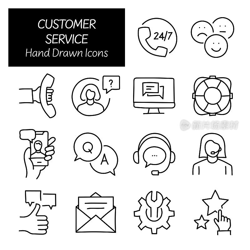 客户服务相关手绘图标，涂鸦元素矢量插图