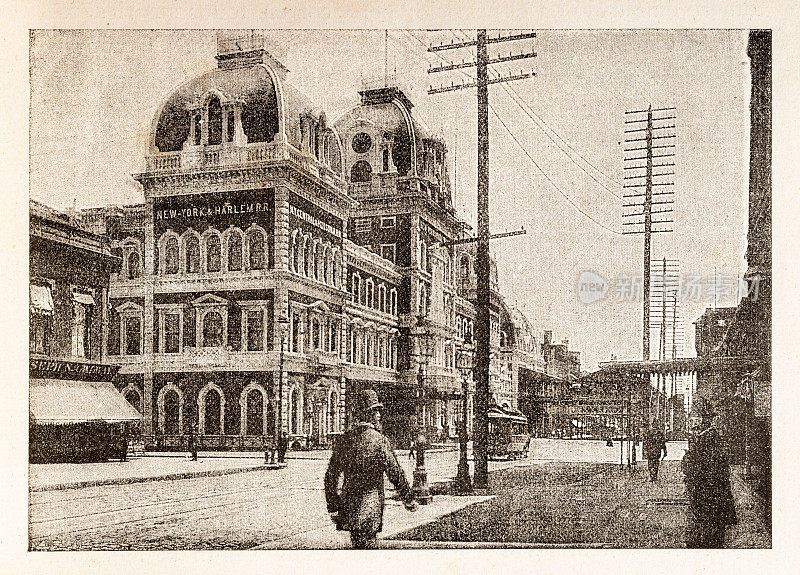美国纽约市有火车站的街道，哈莱姆铁路1899年