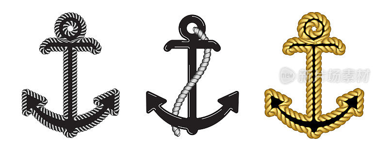 三矢量航海锚组。图标。海上。海洋船插图符号