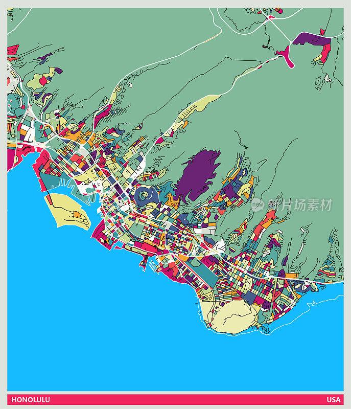 彩色艺术插图风格地图，檀香山城市，美国