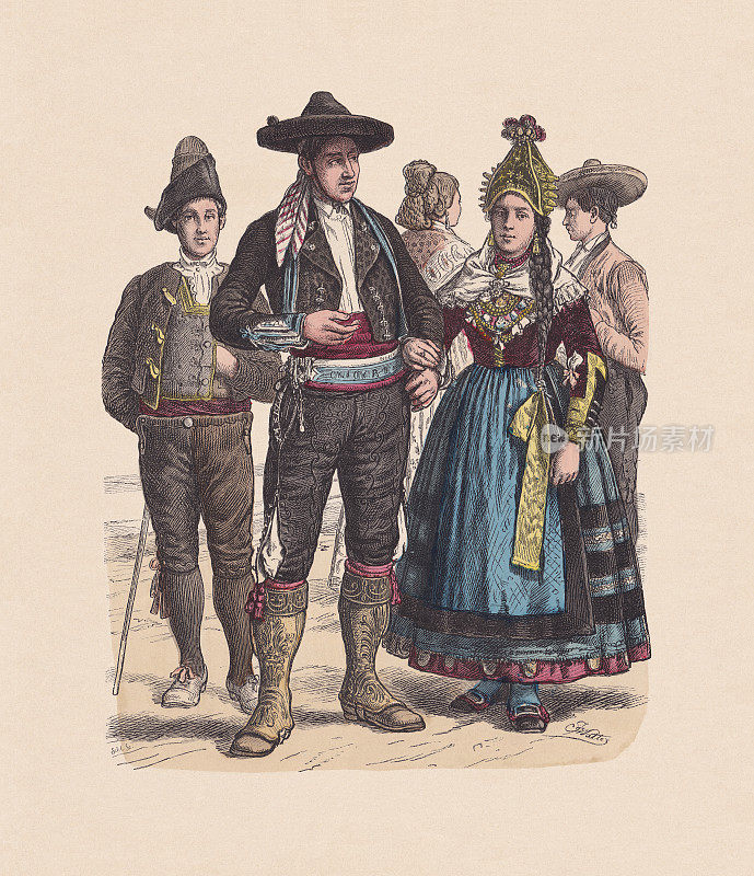 19世纪西班牙服饰，手工着色木刻，约1880年出版