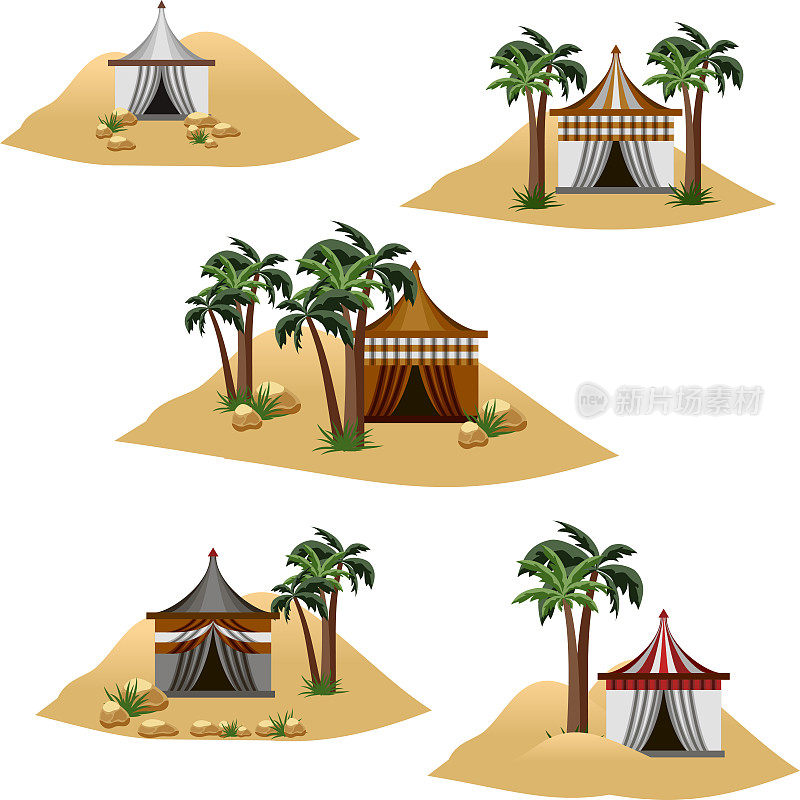 沙漠中的游牧民营地。设计沙漠景观场景或背景的一组元素。