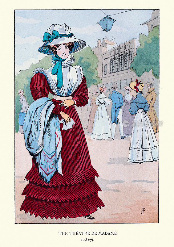妇女时尚史，法国19世纪早期，红色带褶边的裙子，宽边帽子，巴黎