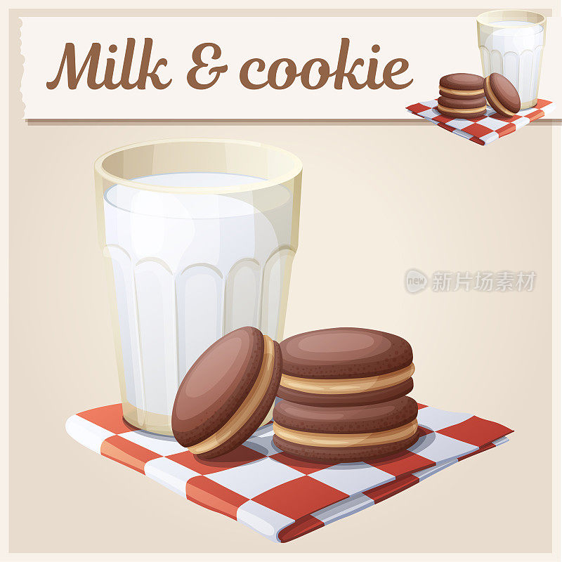 卡通图标，一杯牛奶和巧克力饼干。矢量花生酱酥饼三明治插图早餐