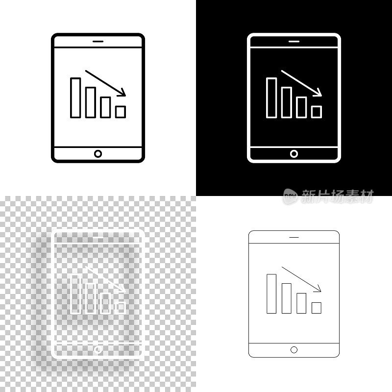 平板电脑下降图表。图标设计。空白，白色和黑色背景-线图标