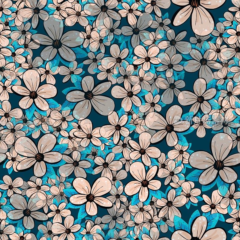 蓝色的背景上散布着花朵。向量无缝模式。
