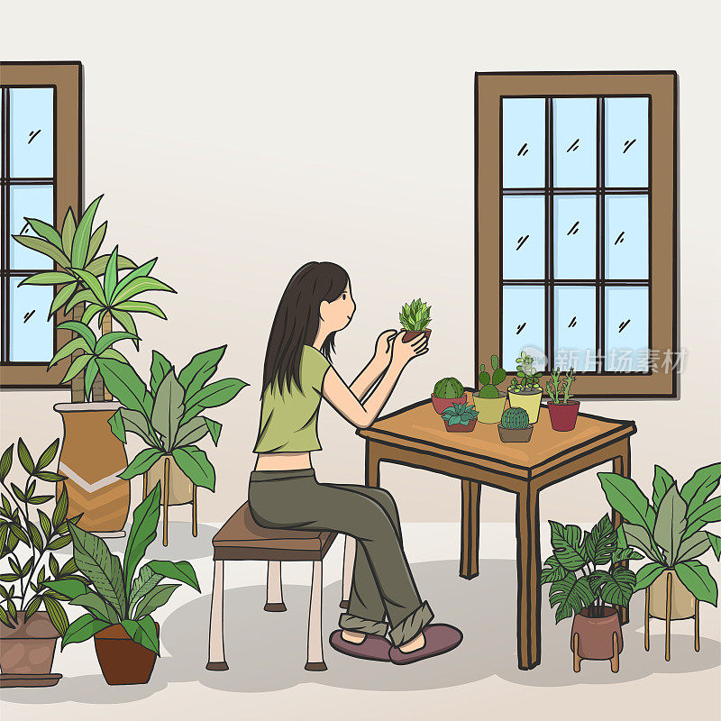 客厅里的女人和植物，极简主义的室内家具。