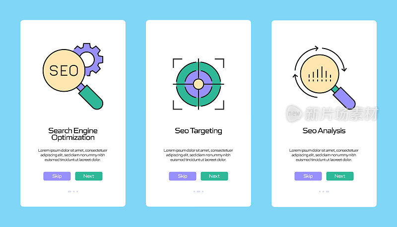 搜索引擎优化概念Onboarding移动应用程序页面屏幕与平面图标。用户体验，UI设计模板矢量插图