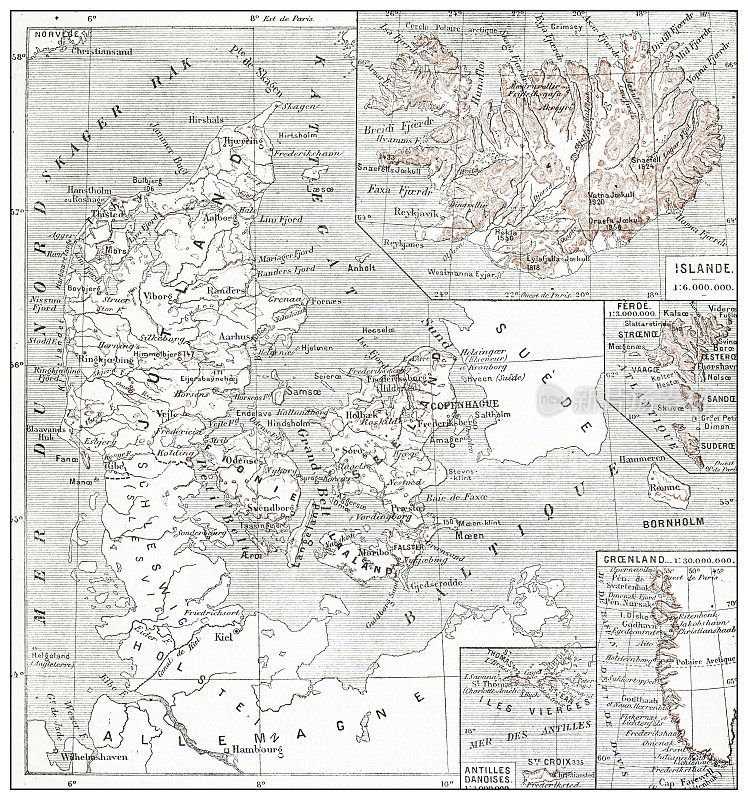 丹麦，冰岛，格陵兰岛，法罗和维尔京群岛的古法国地图