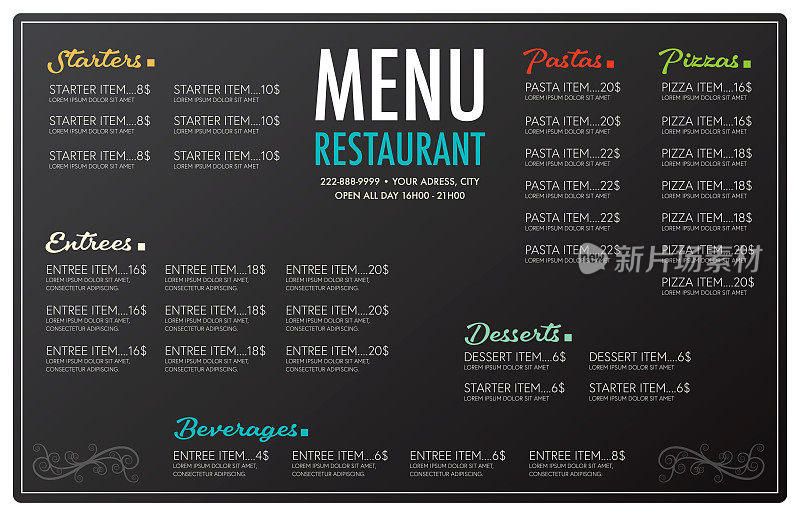 餐厅菜单传单模板布局设计黑色背景