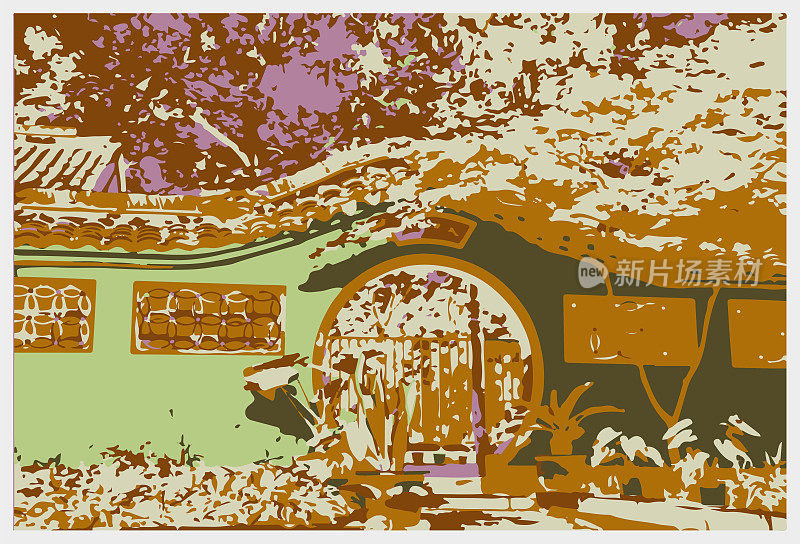 矢量雕刻艺术风格中国古典园林建筑景观插画背景