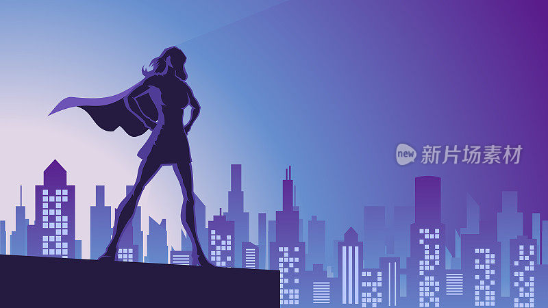 矢量女性超级英雄剪影在城市夜市插图