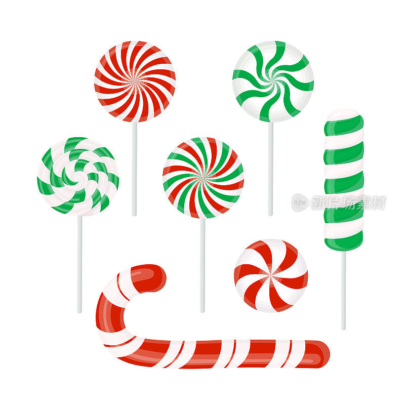 圣诞糖果集红色和绿色糖果，焦糖，棒棒糖，棒棒糖孤立在白色