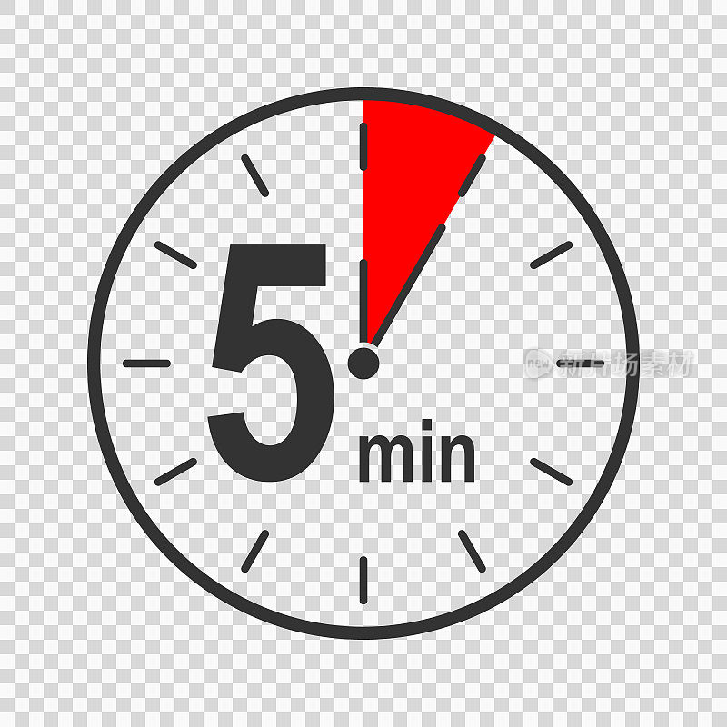 时钟图标与5分钟的时间间隔。倒计时或秒表符号。用于烹饪或运动游戏的信息图形元素，隔离在透明的背景上