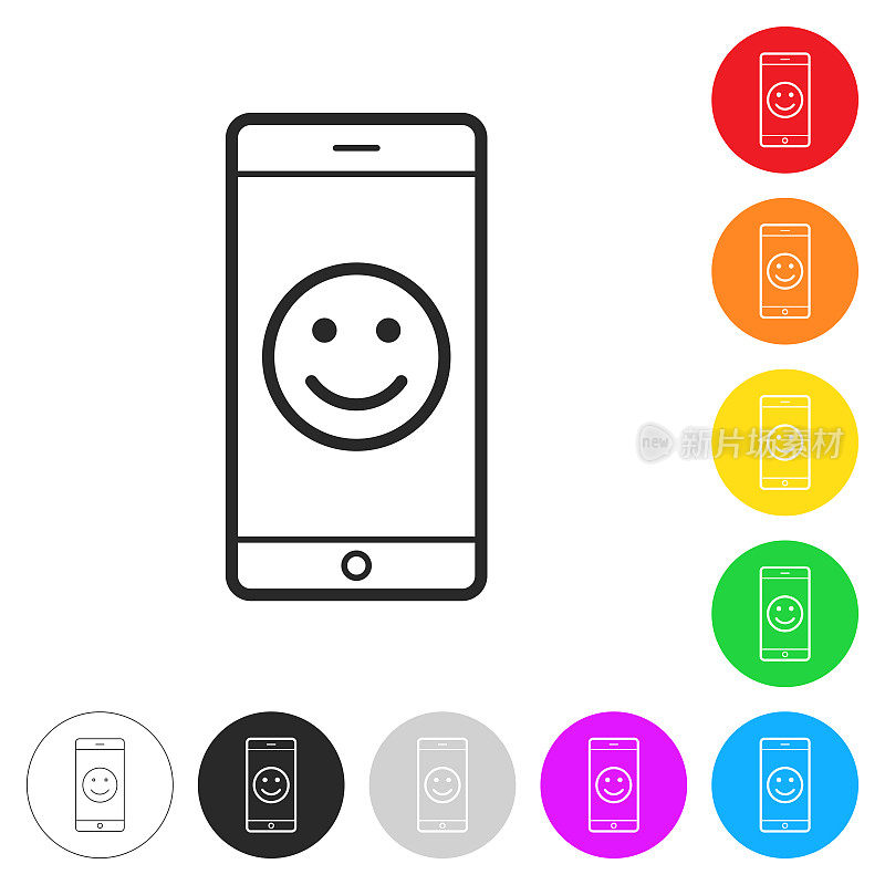 智能手机上有快乐的表情。彩色按钮上的图标