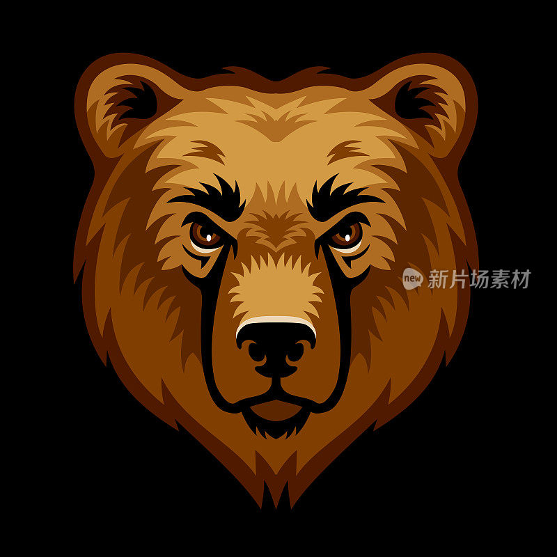 棕熊头标志。吉祥物的创意设计。黑色背景。