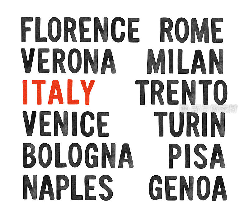 水彩插图集各种流行的意大利城市在黑色和红色的对比颜色。