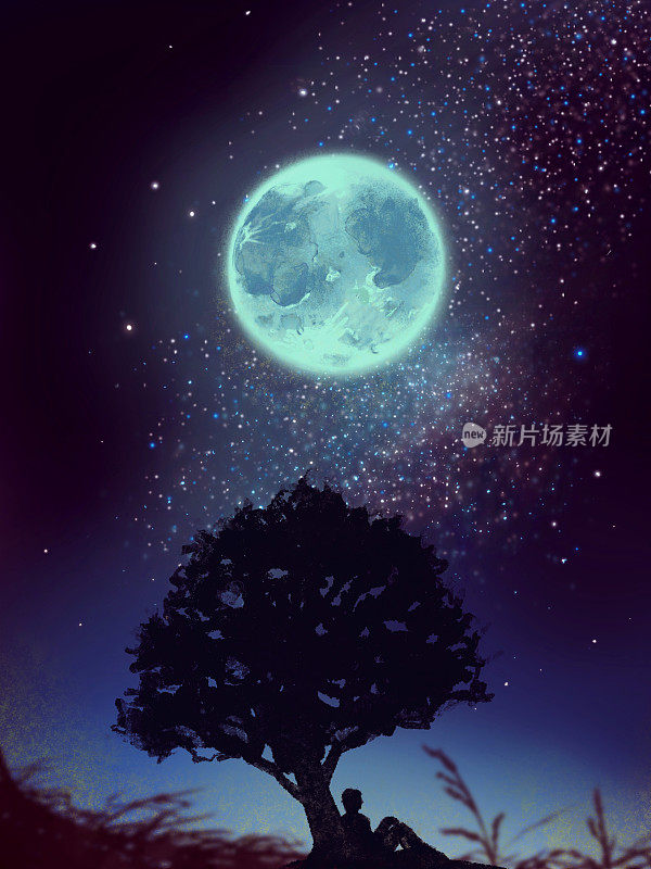 神秘的彩色插图，一个小男孩坐在树旁，在一个美丽的星空