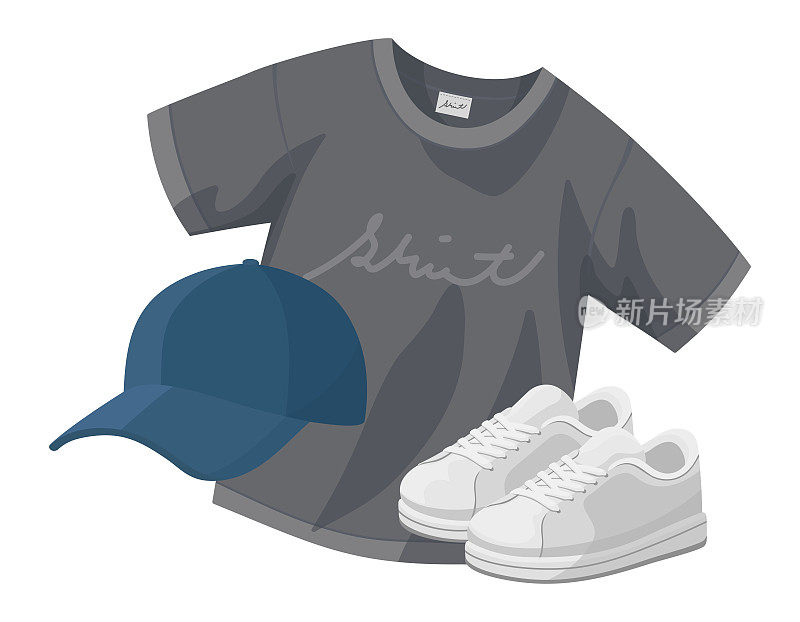 男性，中性时尚插图。黑色t恤，深蓝色帽子，白色运动鞋。