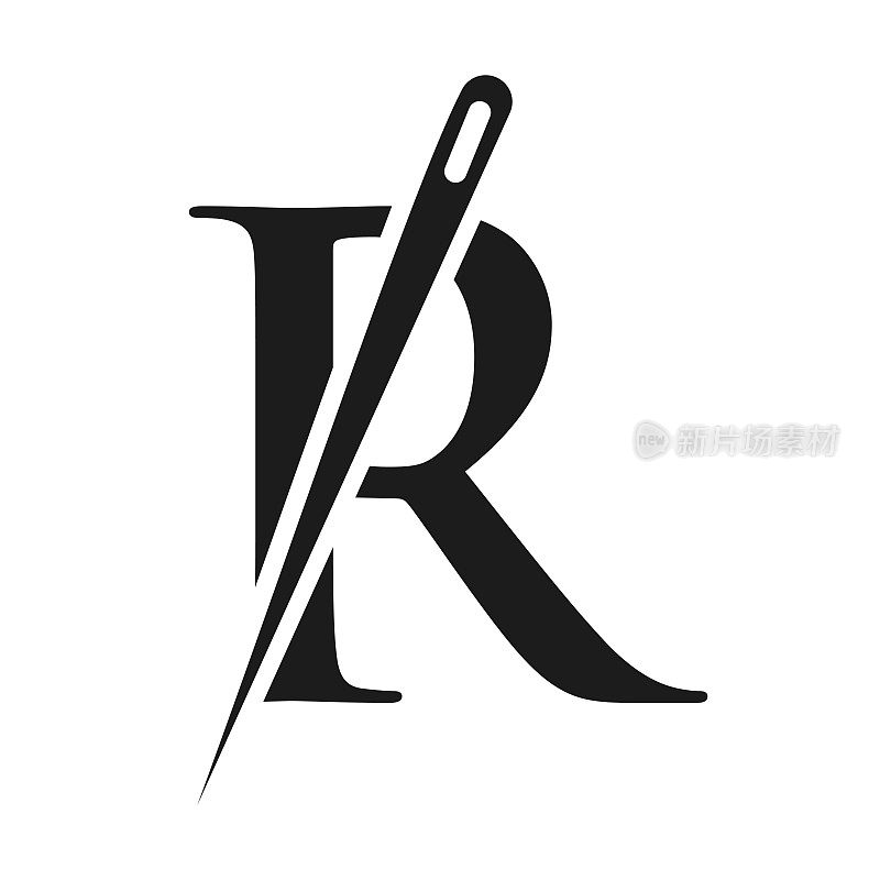 首字母R裁缝标志，刺绣，纺织品，时装，布，织物模板的针和线组合