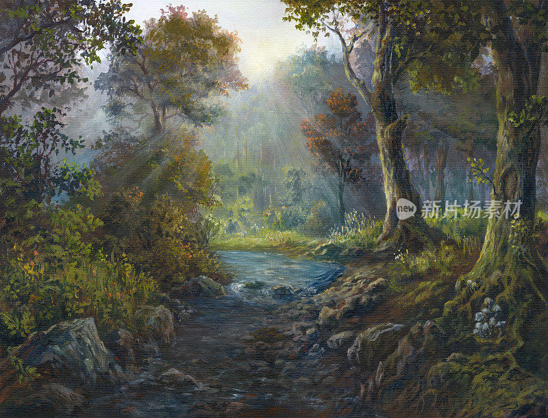 森林溪流，油画